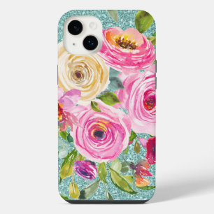 Aquarellrosen in rosa creme aquarell-glitter iPhone 14 plus hülle