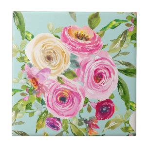 Aquarellrosen in Rosa und Creme auf Aqua Fliese