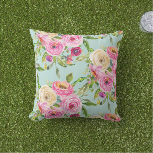 Aquarellrosen in Rosa und Creme auf Aqua Kissen