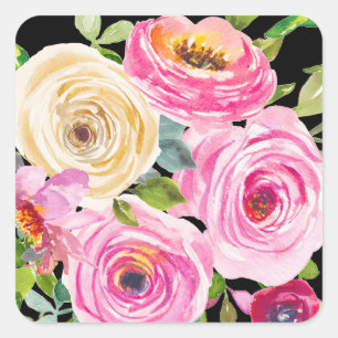 Aquarellrosen in Rosa und Creme auf Schwarz Quadratischer Aufkleber