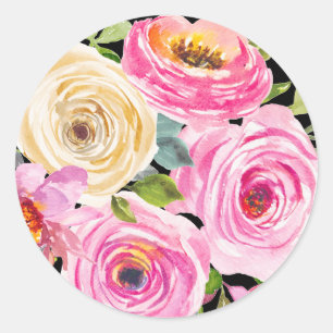 Aquarellrosen in Rosa und Creme auf Schwarz Runder Aufkleber