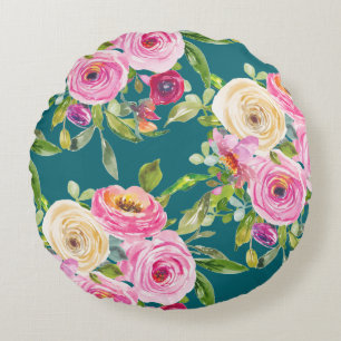 Aquarellrosen in Rosa und Creme auf Türkis Rundes Kissen