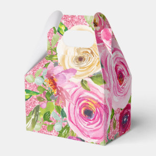 Aquarellrosen in Rosa und Creme mit rosa Glitter Geschenkschachtel