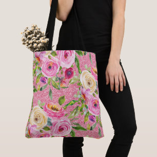 Aquarellrosen in Rosa und Creme mit rosa Glitter Tasche