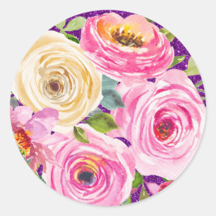 Aquarellrosen in Rosa und Creme mit violettem Glit Runder Aufkleber