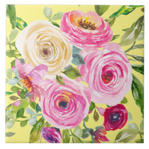 Aquarellrosen in Rosa und Rot auf Gelb Fliese
