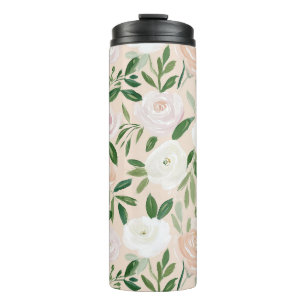 Aquarellrosen und botanisches Grün in Rosa Thermosbecher