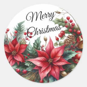 Aquarellrot Frohe Weihnachtsfeier Blume Runder Aufkleber