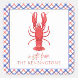 Aquarellrot & Karierter Hummergeschenk Quadratischer Aufkleber
