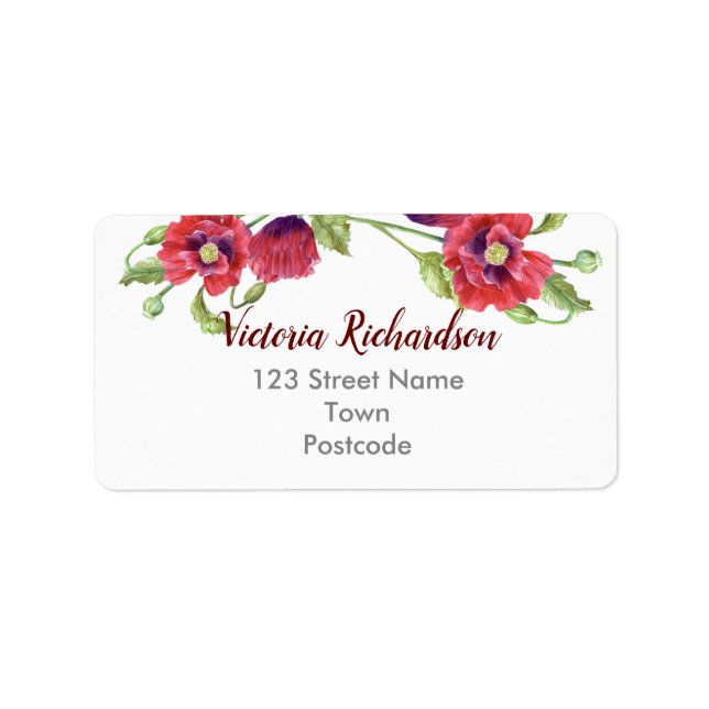 Aquarellrot Poppies Blumendarstellung Adressaufkleber (Vorne)