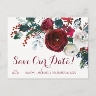 Aquarellrote Pfingsteine Winterhochzeit rett Datum Ankündigungspostkarte