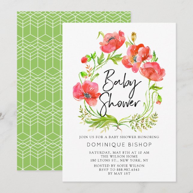Aquarellrote Poppies Wreath Baby Shower Einladung (Vorne/Hinten)