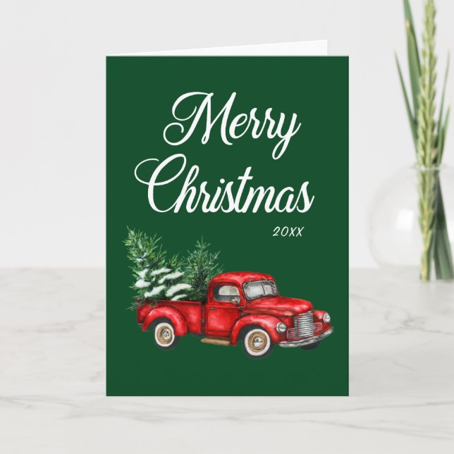 Aquarellroter LKW Frohe Weihnachtsfeiertag Grün Karte (Vorderseite)