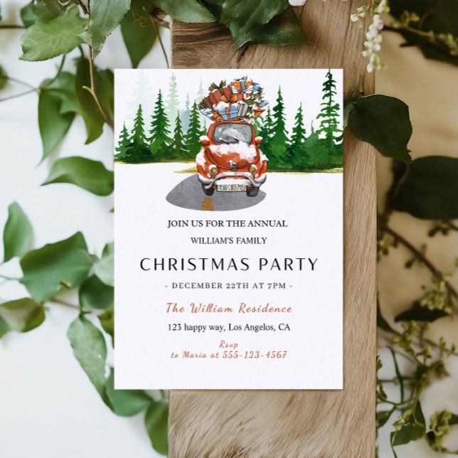 Aquarellroter Wagen & Geschenke Weihnachten Party Einladung (Von Creator hochgeladen)