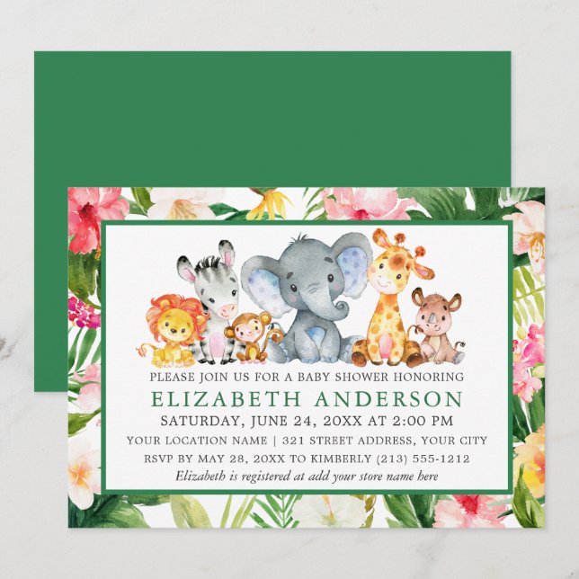 Aquarellsafari Tiere Tropische grüne Dusche Einladung (Vorne/Hinten)
