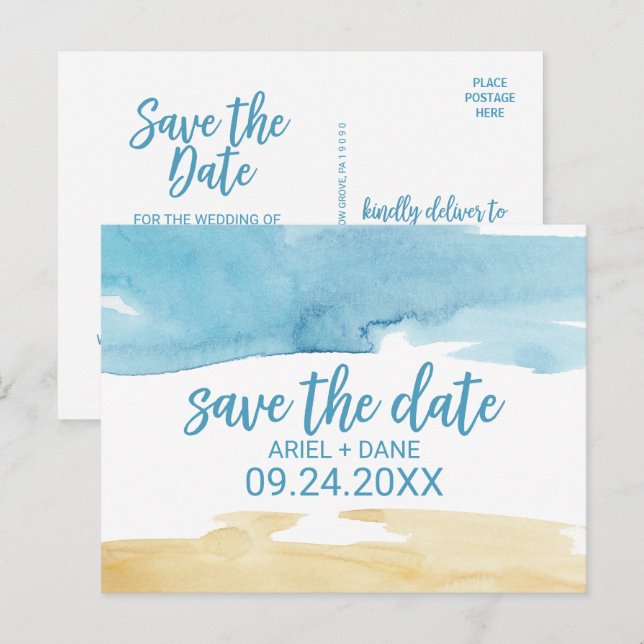 Aquarellsand und Meer Save the Date Ankündigungspostkarte (Vorne/Hinten)
