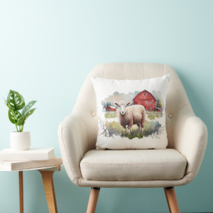 Aquarellschaf mit rotem Stall Kissen