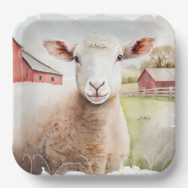 Aquarellschaf mit rotem Stall Pappteller (Vorderseite)