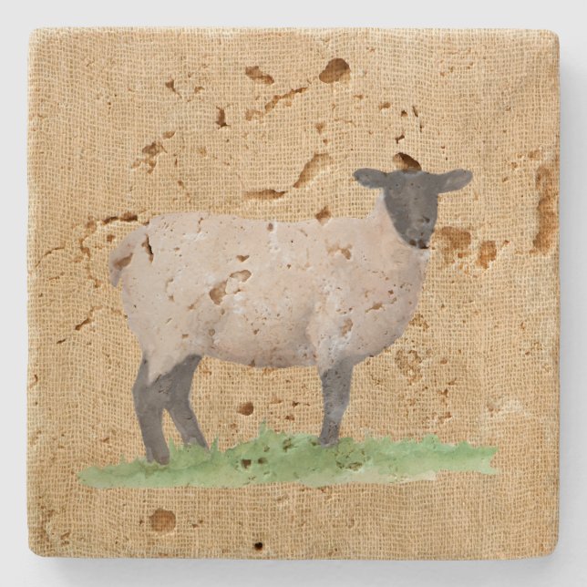 Aquarellschaf Steinuntersetzer (Vorderseite)