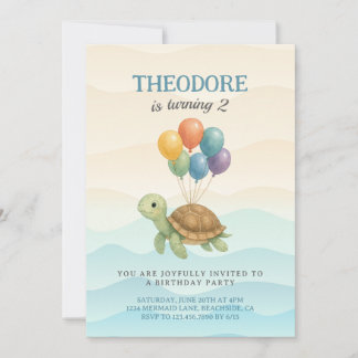 Aquarellschildkröte unter den Balloons zum Geburts Einladung