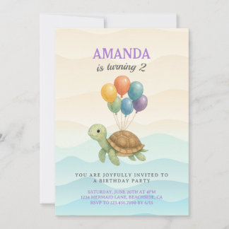 Aquarellschildkröte unter den Balloons zum Geburts Einladung