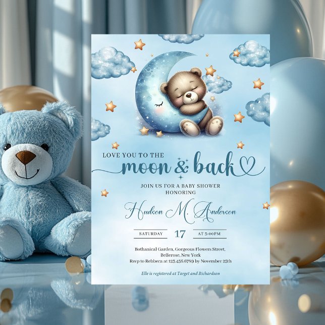 Aquarellschläfer Bär blauer Mond Goldsterne Einladung (love you to the moon and back - boy baby shower invitation)