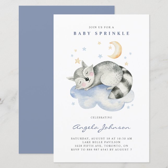 Aquarellschläfer Raccoon Baby Sprinkle Einladung (Vorne/Hinten)