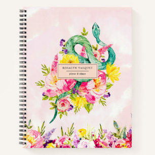 Aquarellschlange und Personalisiertes Blumenblatt Notizbuch
