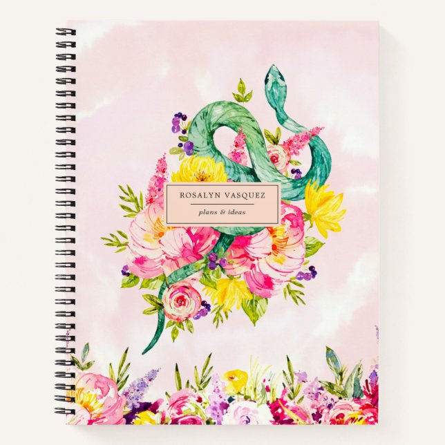 Aquarellschlange und Personalisiertes Blumenblatt Notizbuch (Vorderseite)