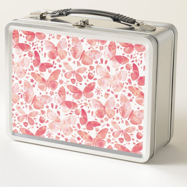 Aquarellschmetterlingsmuster Pink Metall Brotdose (Blush and coral pink watercolor butterfly metal lunch box)