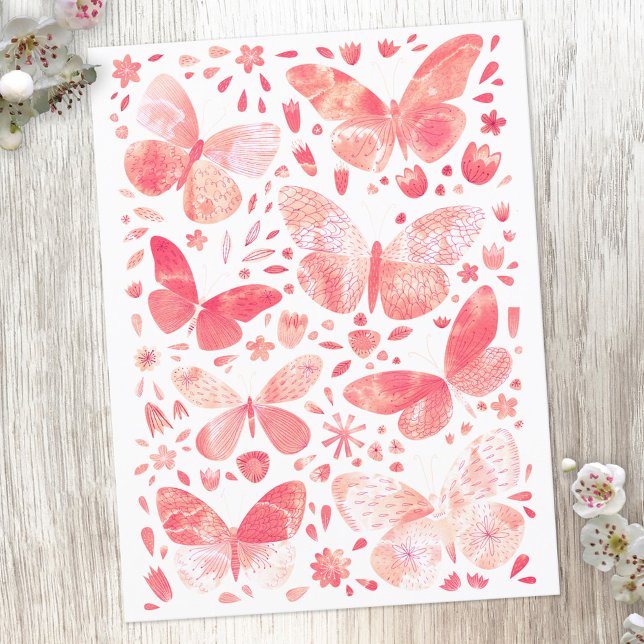 Aquarellschmetterlingsmuster Pink Postkarte (Watercolor blush pink and coral butterfly postcard)