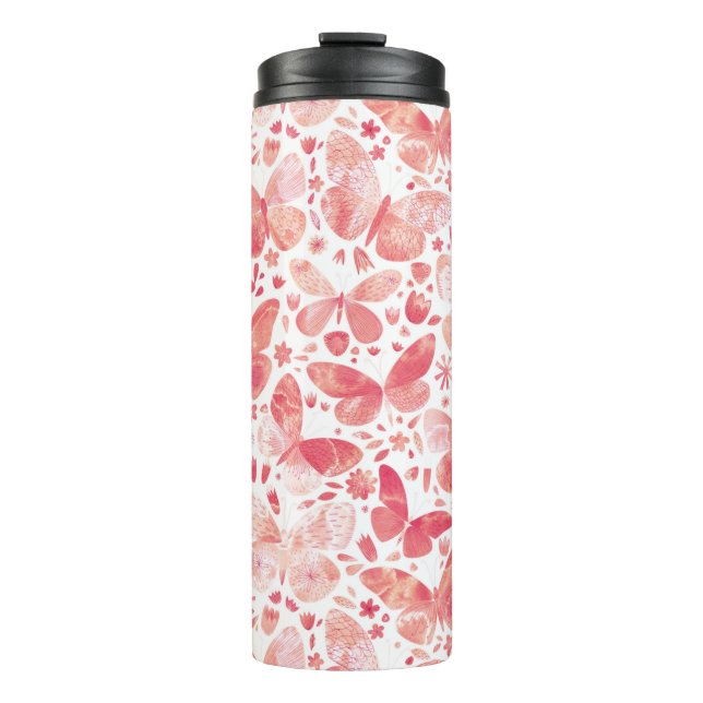 Aquarellschmetterlingsmuster Pink Thermosbecher (Vorderseite)