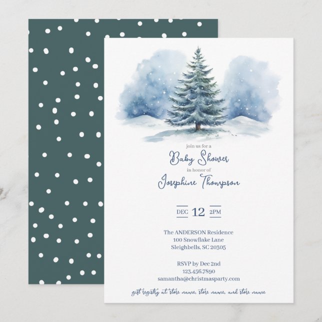 Aquarellschnee bedeckt Evergreen Babydusche Einladung (Vorne/Hinten)