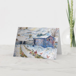 Aquarellschnee Hühner Landschaftsgrußkarte Karte