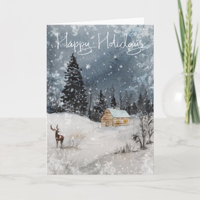 Aquarellschnee Landschaft Hütte glückliche Ferien Karte (Vorderseite)