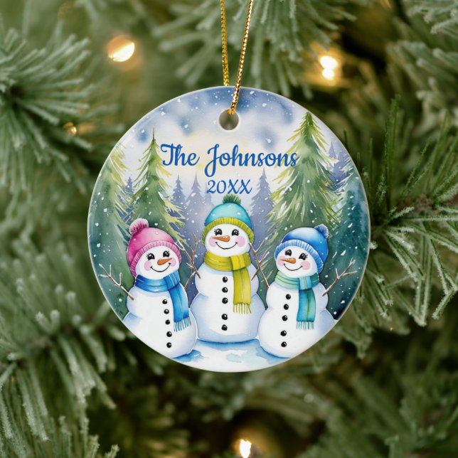 Aquarellschneefamilie Weihnachten bewahren Keramik Ornament (Baum)