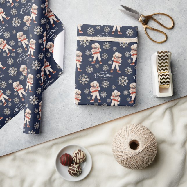 Aquarellschneeflocken Navy Blue Poodle Weihnachten Geschenkpapier (Kunsthandwerk)