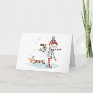 Aquarellschneemann und Dackel Feiertagskarte