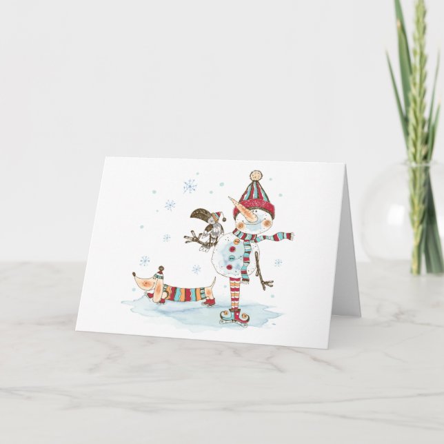 Aquarellschneemann und Dackel Feiertagskarte (Vorderseite)