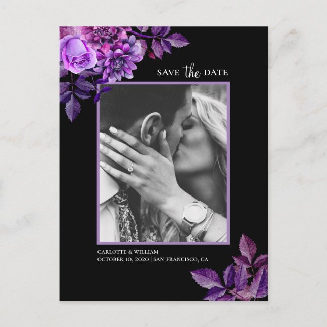 Aquarellschwarz und lila blumenreich Save the Date Postkarte (Vorderseite)