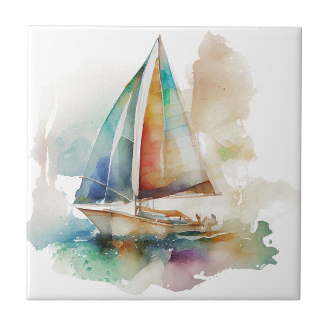 Aquarellsegler Keramik Tile Fliese (Vorderseite)