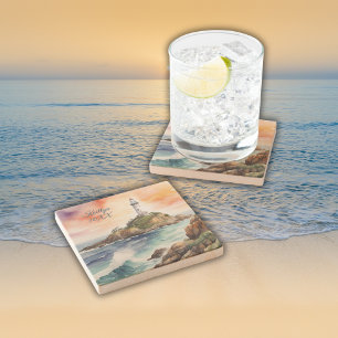 Aquarellsketch Byron Bay Lighthouse Monogram   Steinuntersetzer