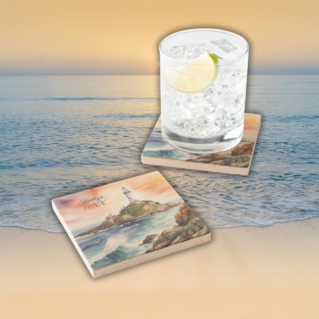 Aquarellsketch Byron Bay Lighthouse Monogram | Steinuntersetzer (Von Creator hochgeladen)