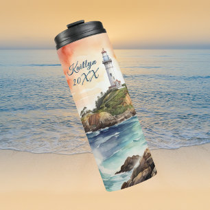Aquarellsketch Byron Bay Lighthouse Monogram Thermosbecher
