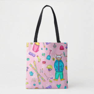 Aquarellski Pika auf rosafarbenem Schnee mit Zahnr Tasche