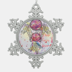 Aquarellskizze Dreamcatcher "Chase your Dreams" Schneeflocken Zinn-Ornament
