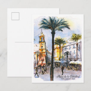 Aquarellskizze Kathedrale Platz Cadiz Spanien Postkarte