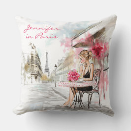 Aquarellskizze Paris Stadt mit Frauenkaffee Kissen