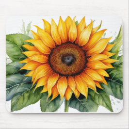 Aquarellsonnenblume mit grünem Blätter Mousepad