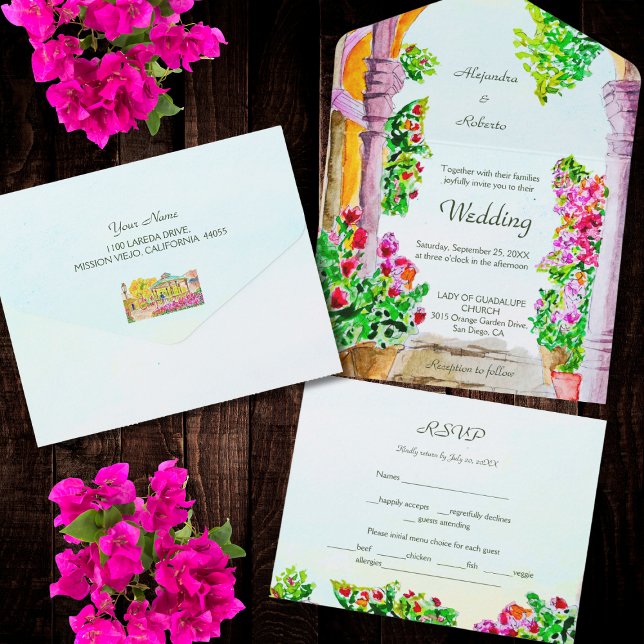 Aquarellstadt & Blume Mexiko Hochzeit All In One Einladung (Von Creator hochgeladen)